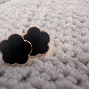 Black Floral Clover Resin Stud Earrings with Gold Trim S925
